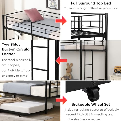 Bunk Bed, Twin Over Twin Metal Bunk Bed with Trundle Heavy Duty Bunk Beds Frame with 2 Side Ladders Convertible Bunkbed with Safety Guard Rails, No Box Spring Needed (Black, Twin Over Twin)