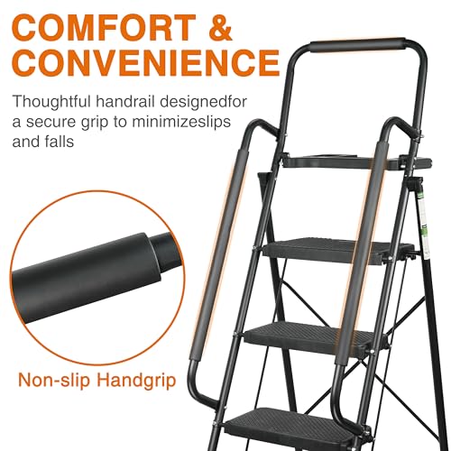 3 Step Ladder, Protable Steel Folding Stool with Wide Anti-Slip Pedal, 500lbs Sturdy Steel Ladder, Black