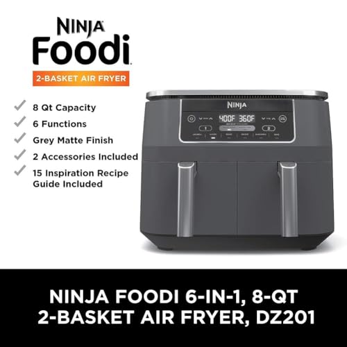 Ninja Foodi 10QT 6-in-1 DualZone Smart XL Air Fryer, 2 Independent 5QT Baskets, Smart Cook Thermometer, Match Cook, Smart Finish, Air Fry, Roast, Bake, Dehydrate, Reheat, Grey, DZ550