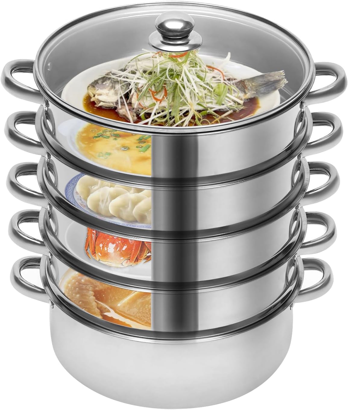 Steamer Pot for Cooking 5 Tier Food-Grade Stainless Steel Steamer 10inch Steamer Pot with Glass Lid Multipurpose Veg Cooker Pot Cooking Pan Steaming Pot Dim Sum Cookware for Home Kitchen Tool
