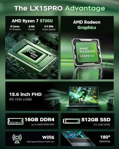 Laptop AMD Ryzen 7 5700U 15.6-in 16GB DDR4 512GB NVMe SSD AMD Laptops Notebook-Computer WiFi 6 Numeric Keypad HDMI Type-C 3.5mm Audio Webcam USB 3.2 Student Laptop