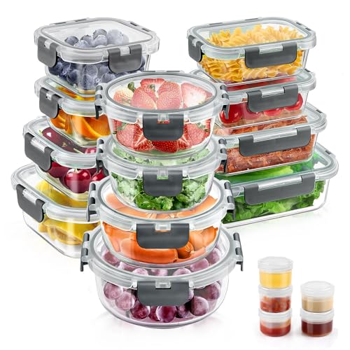34pcs Glass Food Storage Containers with Lids Set, Airtight Glass Meal Prep Containers (17 Containers & 17 Lids),Leak Proof Lunch Containers BPA-Free, Microwave, Oven, Freezer & Dishwasher,Black