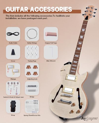 Leo Jaymz DIY Single Cut Electric Guitar Kits with Mahogany Body and Neck - Rosewood Fingerboard and All Components Included (LP Hollow)