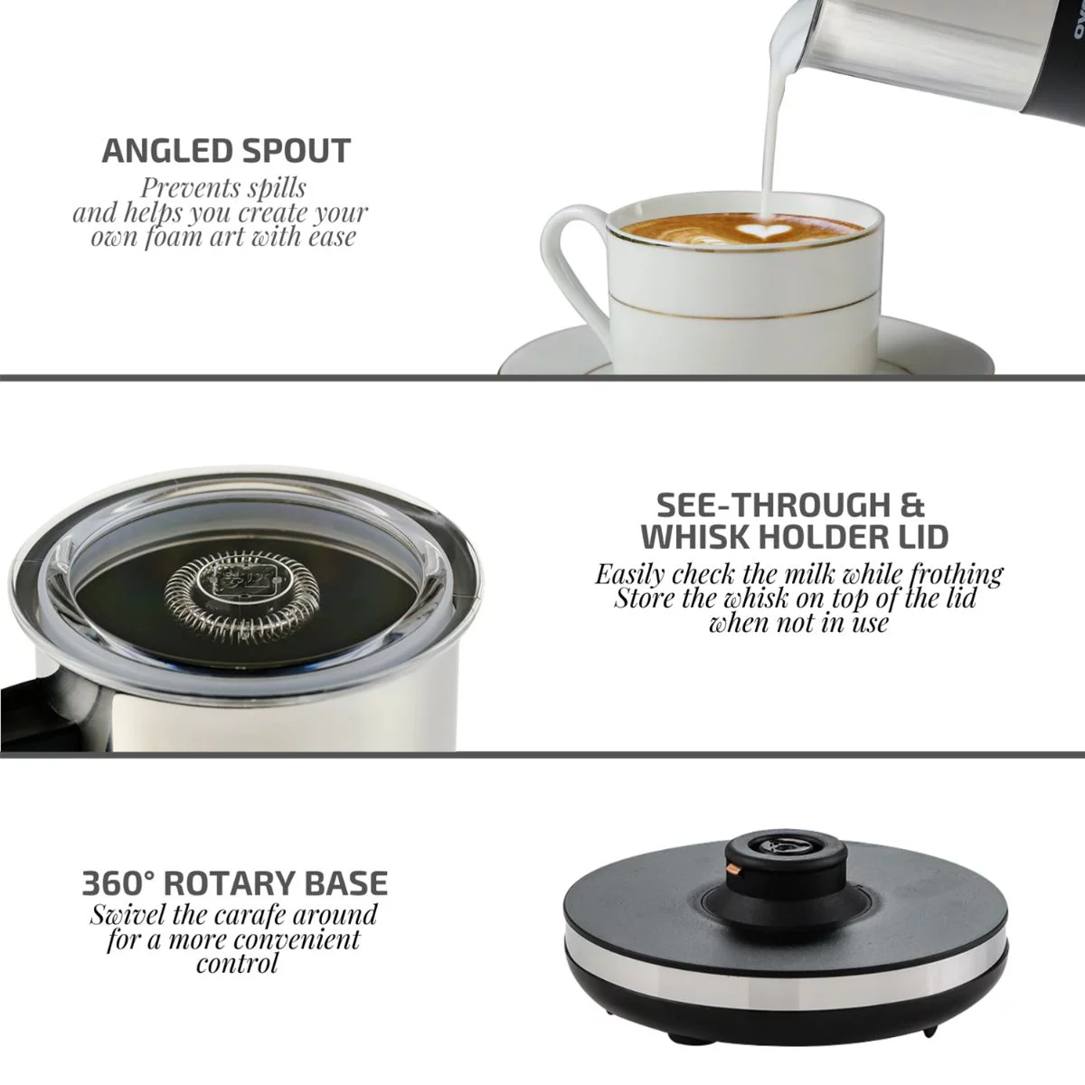 OVENTE Electric Stainless Steel Milk Frother and Steamer, Non Stick Milk Warmer, Black FR1208B