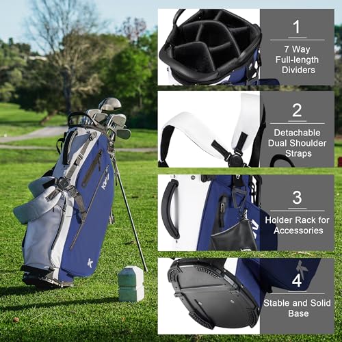 KVV Lightweight Golf Stand Bag with 7 Way Full-Length Dividers, 5 Zippered Pockets, Automatically Adjustable Dual Straps，Elegant Design