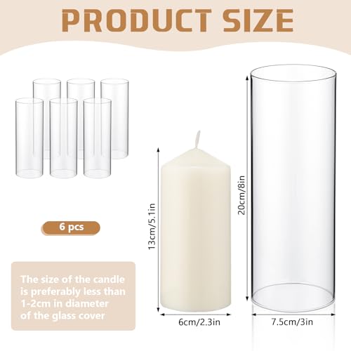 6 Sets Hurricane Candle Holder Sleeve with Pillar Candles Glass Open Ended Hurricane Candleholder Bottomless Glass Candle Cylinder Clear Chimney Shade Tube Cover for Home