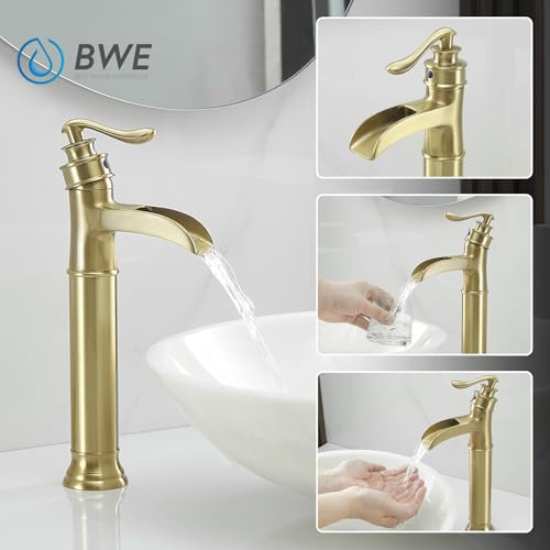 BWE Vessel Sink Faucet Waterfall Matte Black with Pop Up Drain Without Overflow and Supply Lines, Black Sink Faucet Bathroom One Handle Faucets Vanity Bath Mixer Tap