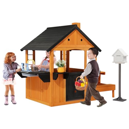 JOYMOR Kids Wooden Playhouse for Outdoor, Cottage with Sink, Picnic Table, Mailbox, Flowerpot Holders, Age 3-8 (Light Brown)