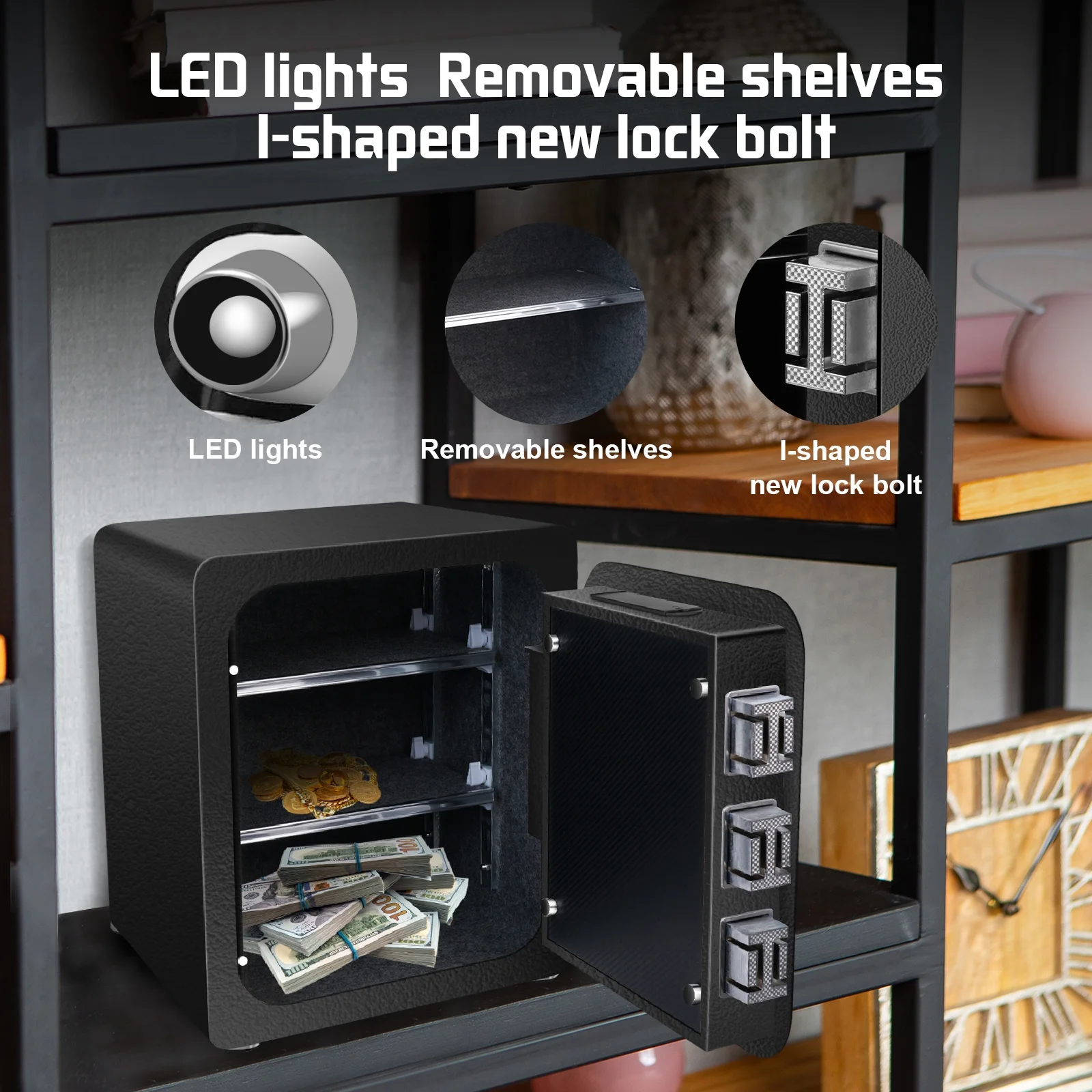 Valuables Safe Box: Home Security Box with Fingerprint Access and Removable Shelf, Black