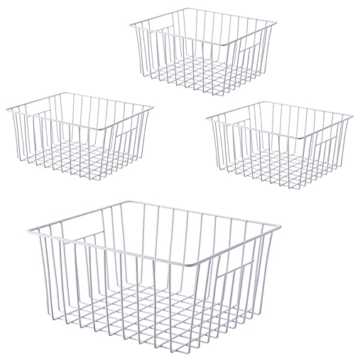 Upright Freezer Organizer Bins，Freezer Storage Baskets for 16, 17, 21 cu.ft Standup Freezer, Wire Storage Baskets with Built-in Handles, 6Pcs , White