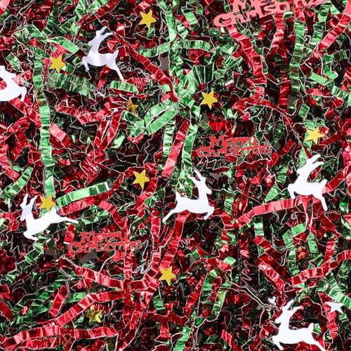 woric 2LB Christmas Crinkle Paper Filler, Red Green Crinkle Cut Paper with Various Christmas Confetti Shred Filler for Gift Baskets Filling Gift Wrapping