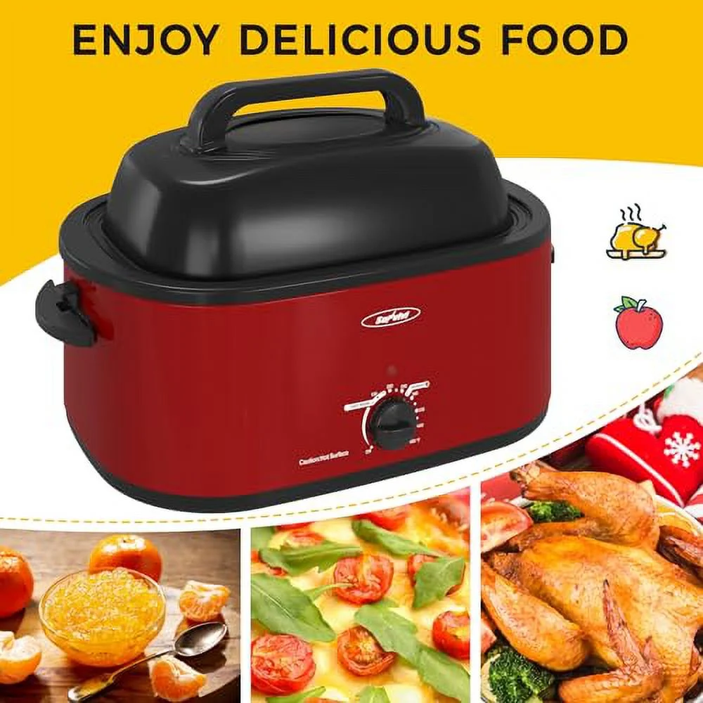 SUNVIVI 20 Quart Turkey Electric Roaster Oven with Self-Basting Lid, Stainless Steel, Red
