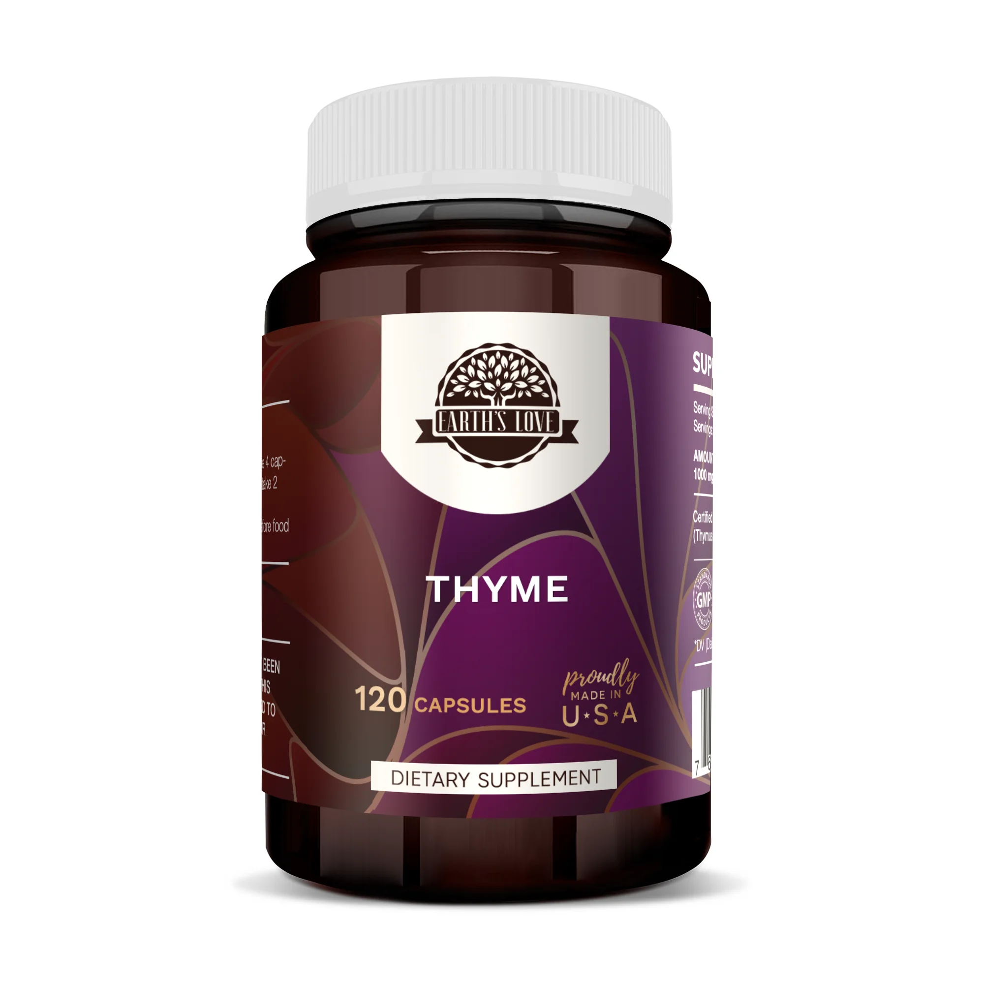 Earth's Love Thyme 120 Capsules, 400 mg, Organic Thyme (Thymus Vulgaris) Dried Leaf