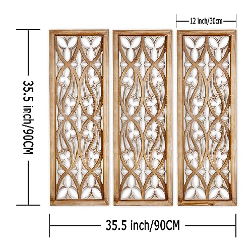 XIAOAIKA Carved Wood Wall Art Decor - Floral Design Panel, Distressed Carved Antique Wood Decor - Decorative Wall Sculpture for Living Room, Bedroom, and Entrance Hall 33.1 x 14.6 inches (2 Panels)