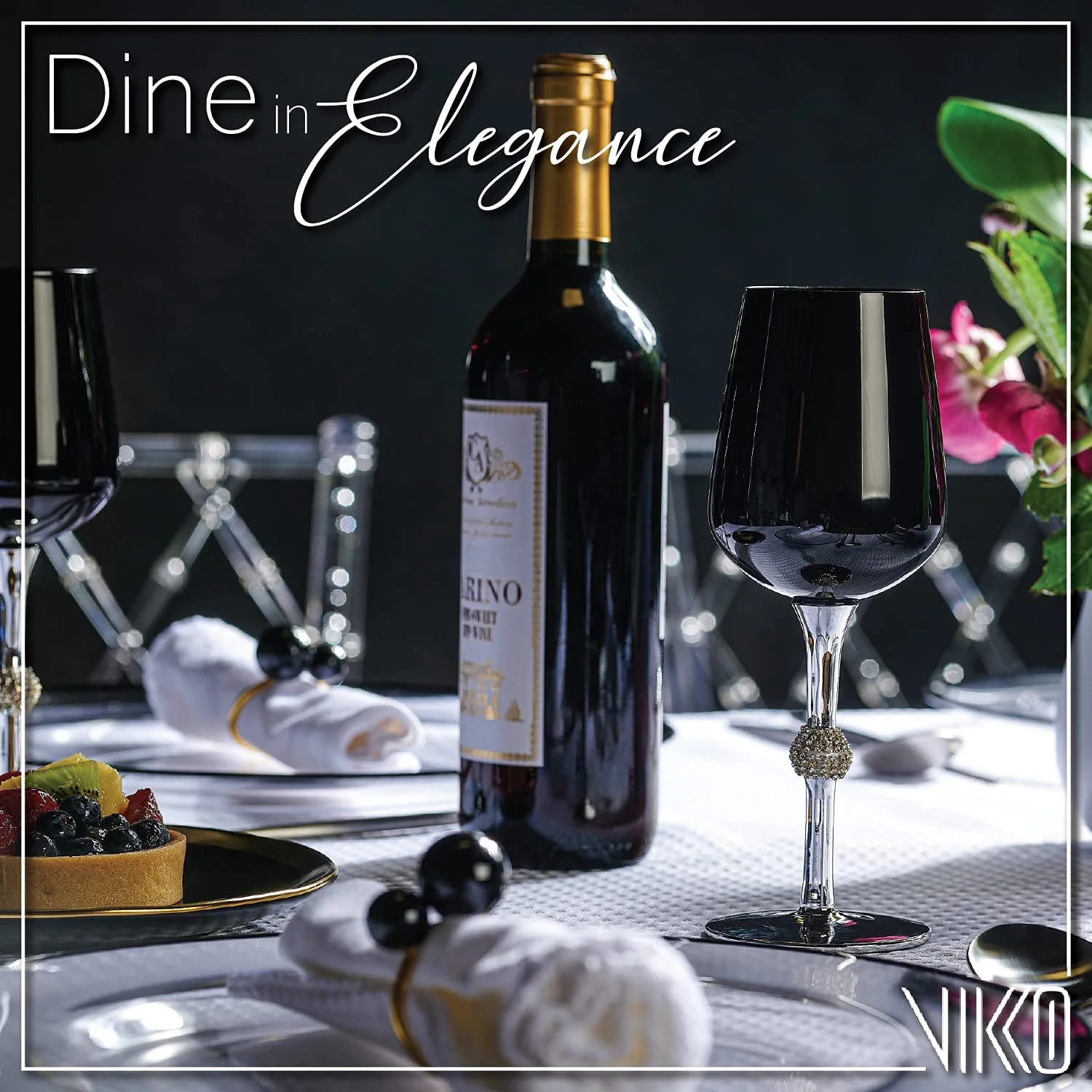 Black  Silver Wine Glasses | 14.2 Ounce Cup – Striking Black  Silver Design With Diamante Accents – Dishwasher Safe – Set Of Twelve Stunning Wine Glasses – 9.2” X 2.4”