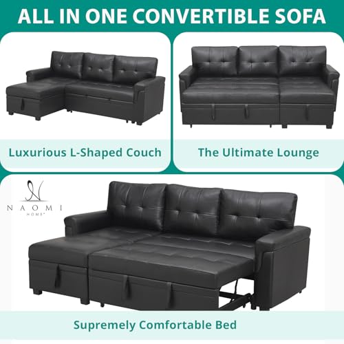 Naomi Home 85 in. Convertible Sofa with Storage, Reversible L Shape Sofa Couch with Chaise, Comfy Sectional Couches for Living Room - Black,Air Leather
