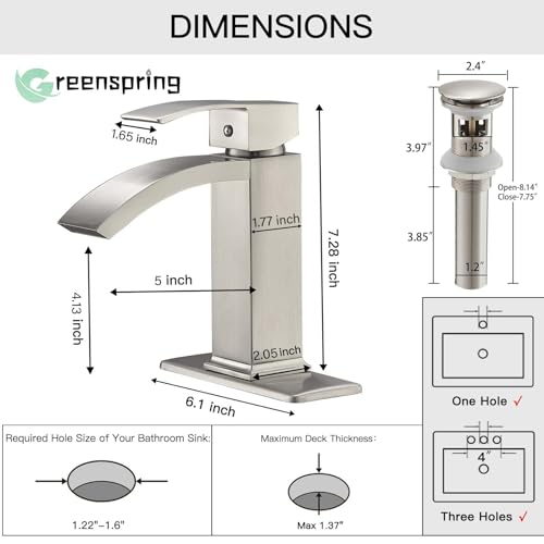 Brushed Nickel Vessel Sink Faucet, Waterfall Bathroom Faucets, Tall Spout Single Handle Single Hole Bathroom Faucets with Pop Up Drain and Without Overflow Basin Faucet Supply Line