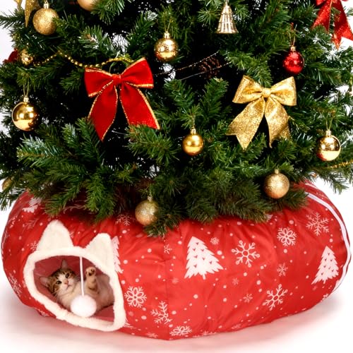 Cat Tunnel Bed Under Christmas Tree, Cat Tunnel Christmas Tree Skirt for Indoor Cats, Donut Tunnel Toys for Multiple & Large Carts, for Kitten, Rabbit, Puppy, Red Snowflake