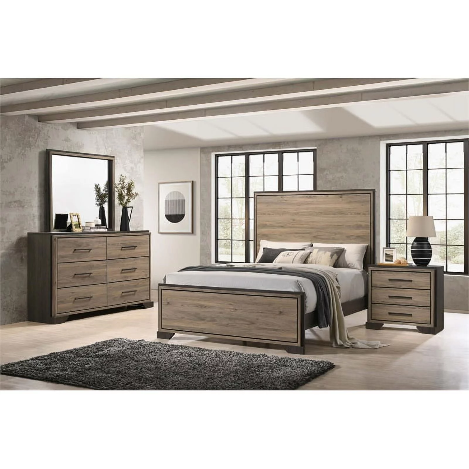 Maklaine 4-piece Wood California King Bedroom Set in Brown and Light Taupe