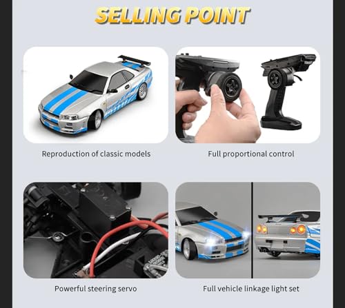 LD1899 1/18 RC Drift Car GTR R34 2.4GHz RWD with Gyroscope on-Road Alloy Body Shell Racing Cars Radio Control (Blue)