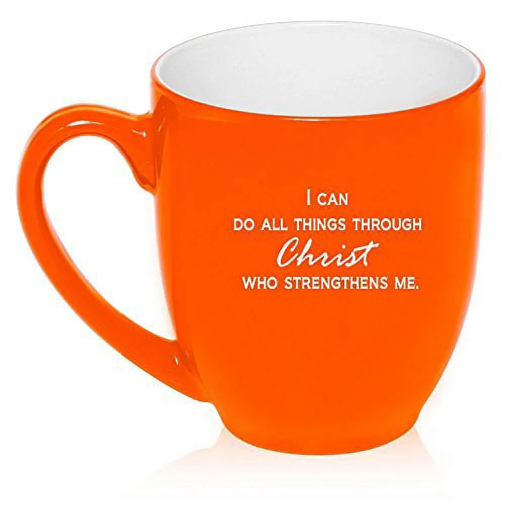 16 oz Large Bistro Mug Ceramic Coffee Tea Glass Cup I Can Do All Things Through Christ Who Strengthens Me (Orange)