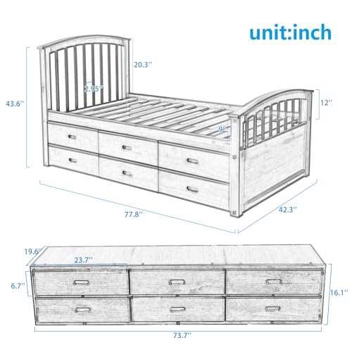SOFTSEA Twin Platform Bed with Storage 6 Drawers, Twin Captain Bed for Kids Teens Adults, Twin Platform Bed with Headboard and Footboard for Bedroom, Solid Wood Bed Frame, White