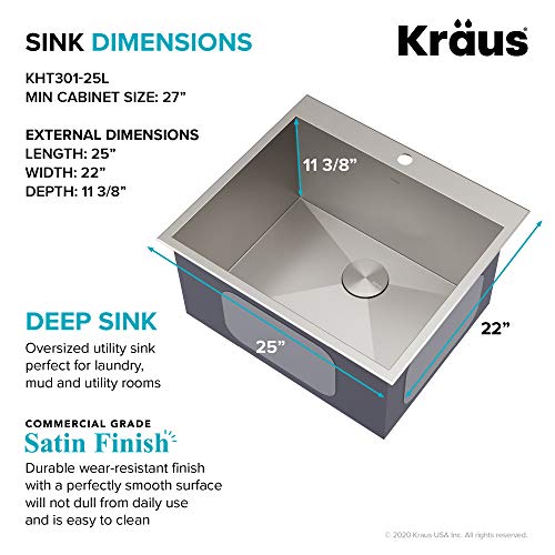 KRAUS Standart PRO 22-inch Drop-In Top Mount 16 Gauge Stainless Steel Single Bowl Laundry Utility Sink, KHT301-22L