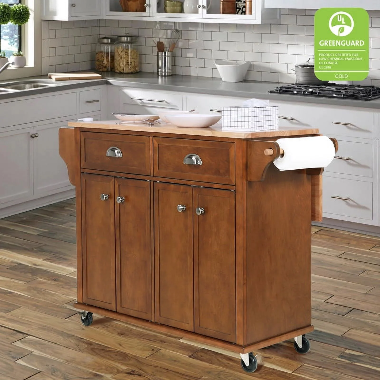 Rolling Kitchen Island Cart with Large Storage Cabinet on Wheels, Solid Rubberwood Countertop with Drop Leaf, Greenguard Gold Certified, 4-Droors, 2 Drawers, Spice Rack, Towel Holder