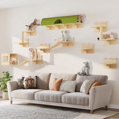 Cat Wall Shelves and Perches, Solid Wood Wall Mounted Cat Furniture, Set of 13 Cat Climbing Shelves with Moon Hammock, House, Wall Ladder, Scratching Post and Cat Tunnel