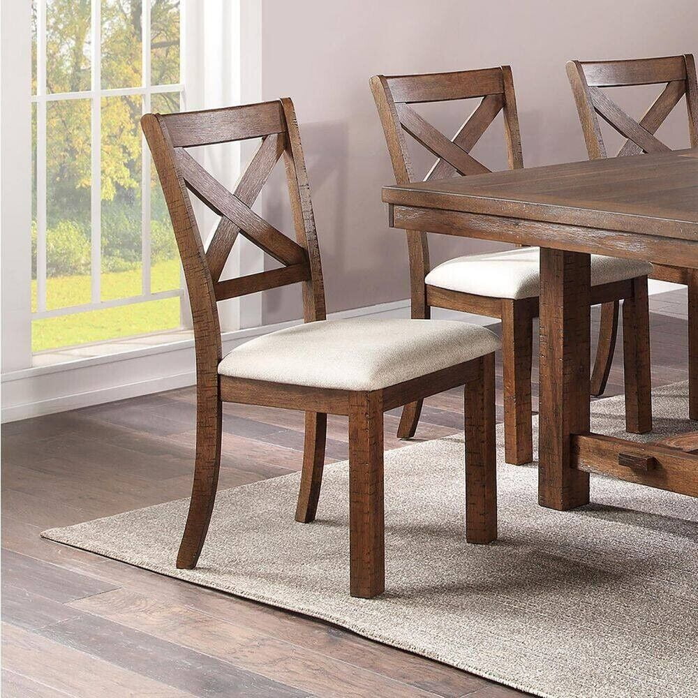 Modern Unique 7pc Dining Set Table 6x Side Chairs Cushion Upholstered Solid wood Kitchen Dining Room Furniture Natural Finish