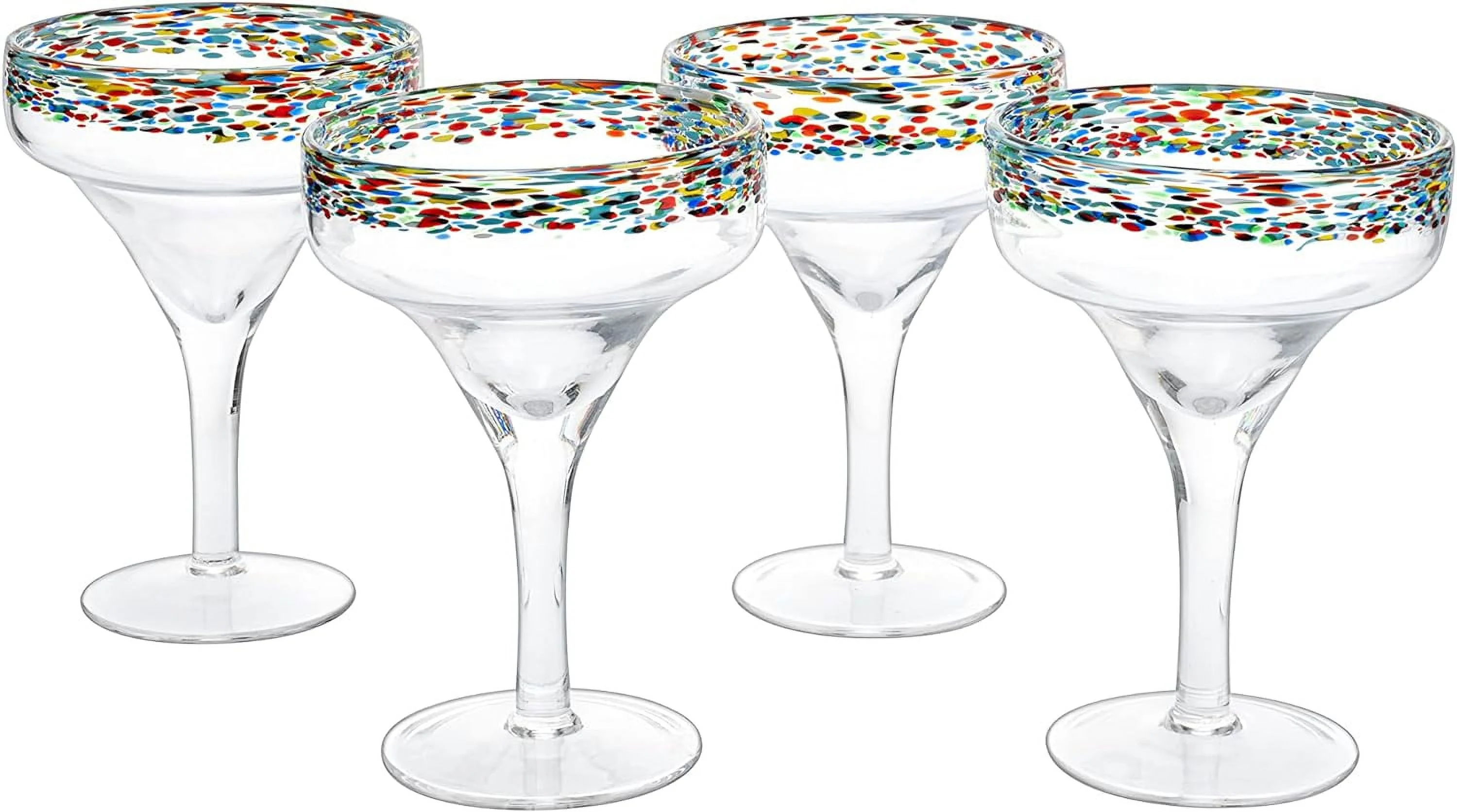 TWS Mexican Margarita Hand Blown Glasses by The Wine Savant - Set of 4, 16oz, Confetti Rim, Dishwasher Safe