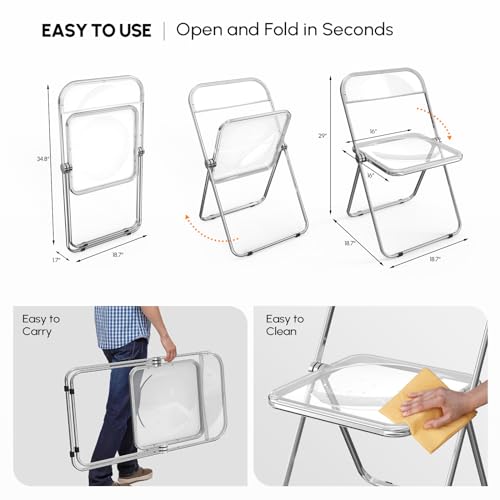 VINGLI Acrylic Folding Chairs 2 Pack, Clear Chair Foldable and Stackable, Plastic Panel & Metal Chrome Frame, Weight Capacity 350 lbs, Transparent