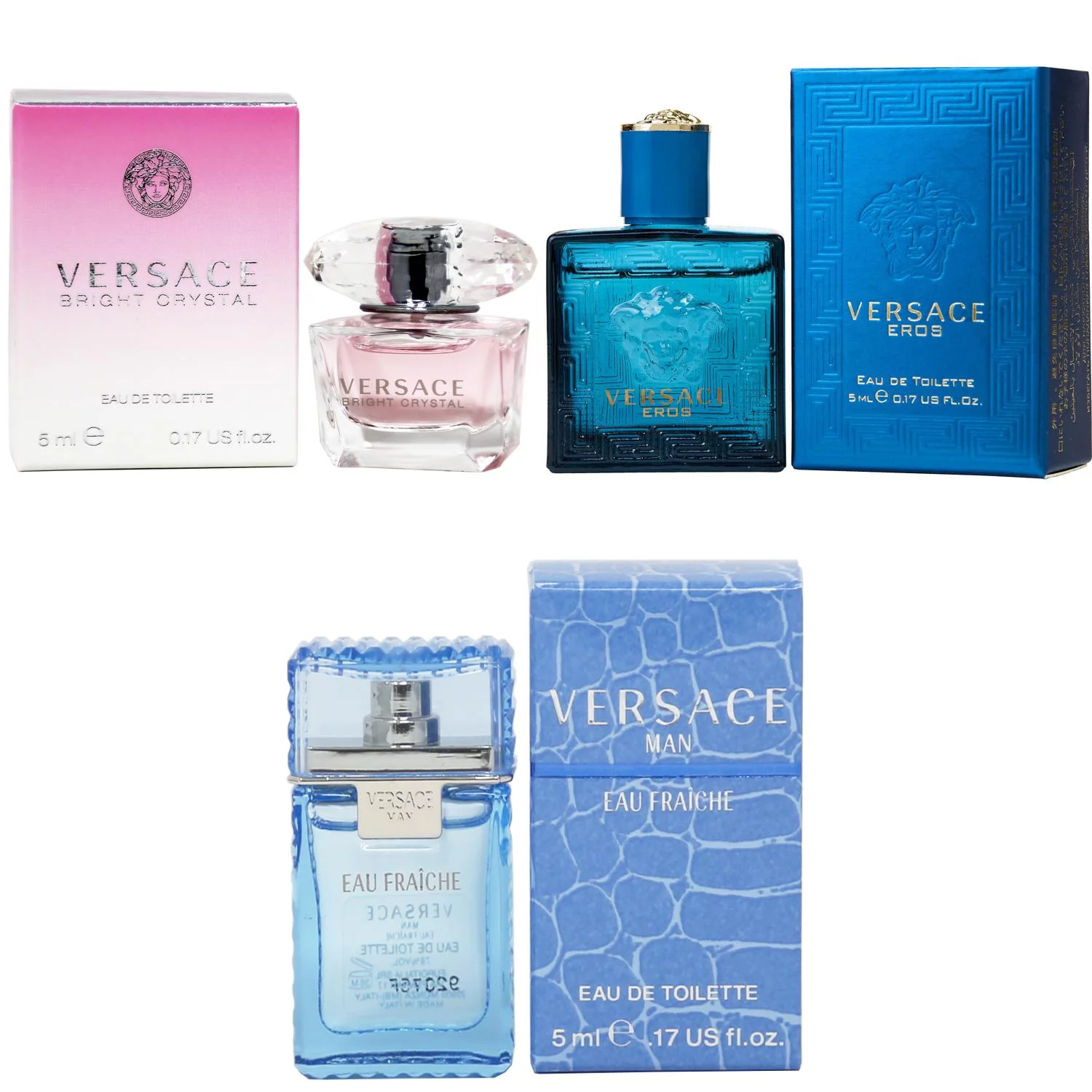 Versace Bright Crystal EDT, Eros Men EDT, Man Eau Fraiche EDT - 5ml 3PK Kit