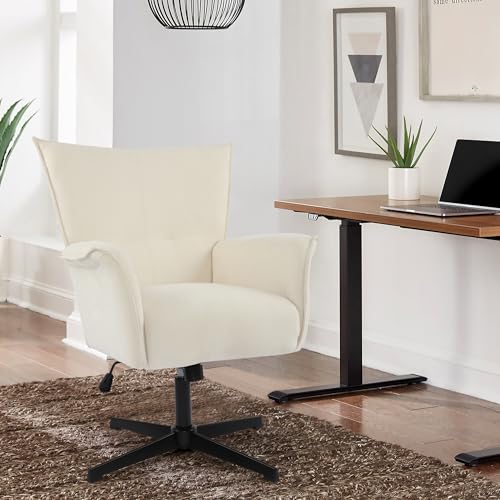 DAGONHIL Home Office Desk Chair No Wheels Armchair Linen Fabric Swivel Chair High-Back Wide Seat Upholstered Accent Chair with Metal Legs Computer Chair, Beige