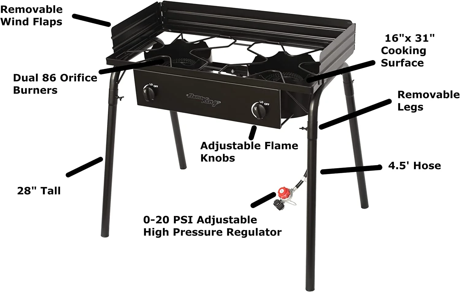 Flame King 200,000 BTU LP Gas Standup 2 Burner Cooktop Stove with Regulator Hose