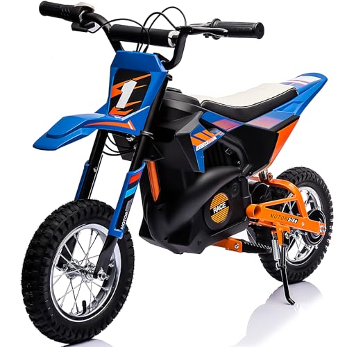 Electric Dirt Bike for Kids,24V Electric Motorcycle,13.67MPH Beginners Friendly,8-9 Miles Range,Power Display,Pneumatic Knobby Tires,Rear Spring Suspension,Chain Protective Cover (Blue)