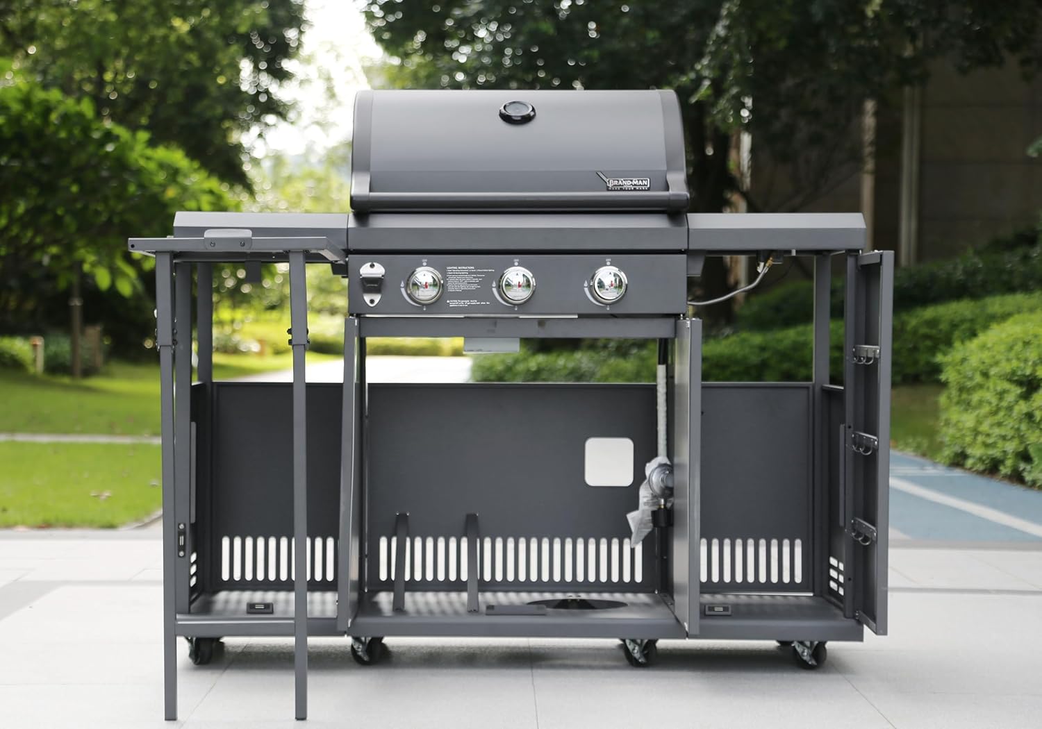 Brand-Man 3-Burner Propane Gas BBQ Grill, Stainless Steel Cabinet Style Grill 30000 BTU for Outdoor Cooking Kitchen Island and Patio Backyard Barbecue with Fold-out Prep Table, Gray