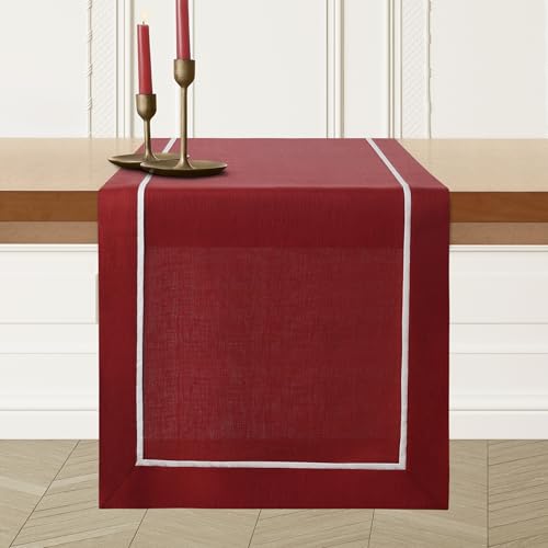 D'Moksha Homes Red Table Runner with White Trim 14 x 120 Inch - 100% Pure Linen Table Runner 120 inches Long - Dresser Scarf for Dining, Fall and Halloween, Easy Care Machine Washable