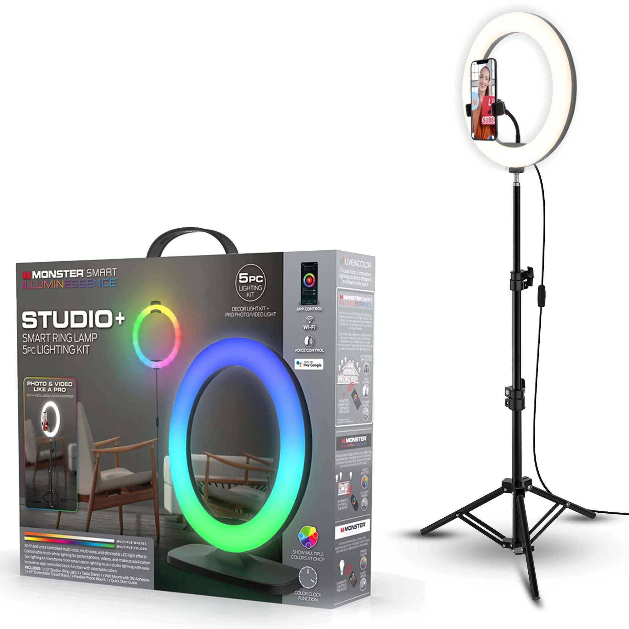 Monster LED Smart Studio Plus Ring Lamp and Vlogging Light Kit, Includes Tripod Stand/Mount