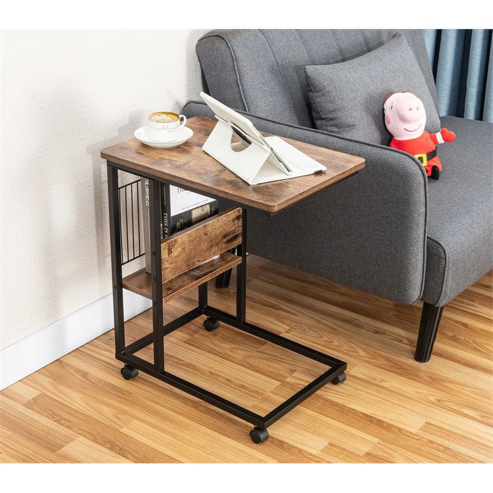 Eden Home Modern Wood End C Table with Magazine Holder in Rustic Brown