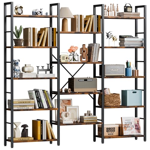 Shintenchi Triple 5 Tier Bookshelf, Industrial Large Bookcase with 14 Open Display Shelves, Large Etagere Bookshelf,Wide Book Shelf Book Case for Home & Office, Rustic Brown