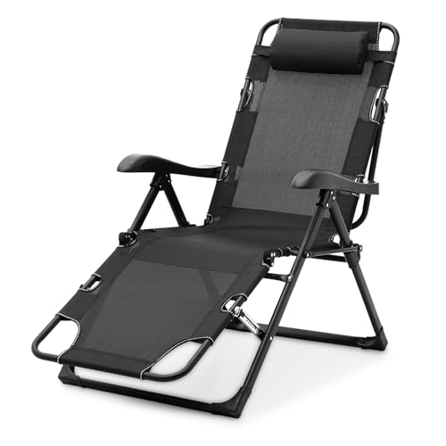 Magshion Folding Reclining Patio Chair, Adjustable Foldable Lounge with Additional Support Bar and Headrest Patio Lawn Recliner for Outdoor Pool Camp Yard, 300lbs Capacity, Black
