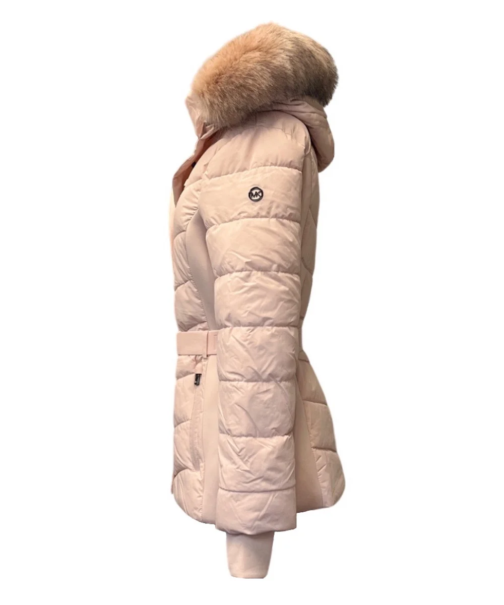 Michael Michael Kors Women's Faux Fur Hooded Puffer Scuba Belted Coat Jacket Blush - L