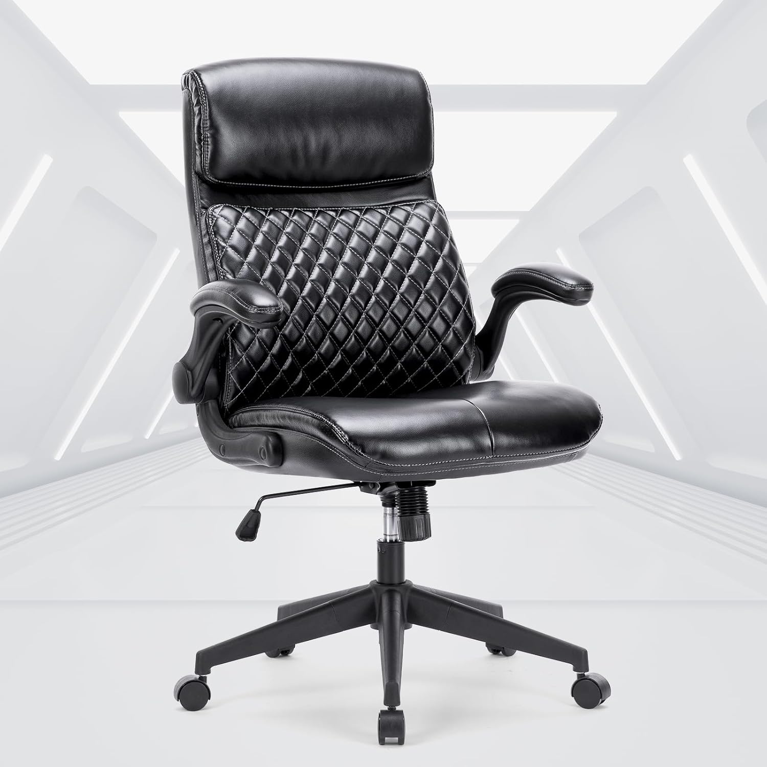 High Back Executive Office Chair, Home Office Computer Desk Chair, Black Leather Office Chair with Padded Flip-up Arms, Adjustable Height for Home and Study