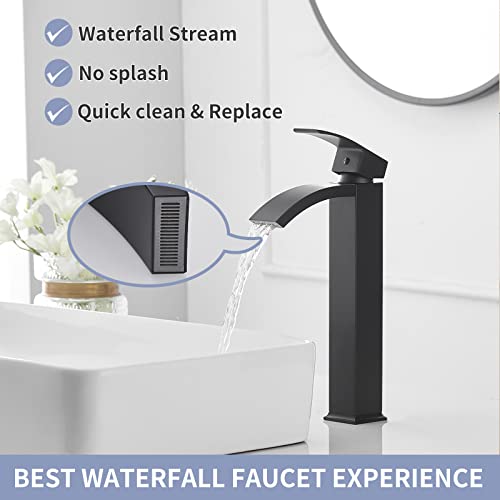 Brushed Nickel Vessel Sink Faucet, Waterfall Bathroom Faucets, Tall Spout Single Handle Single Hole Bathroom Faucets with Pop Up Drain and Without Overflow Basin Faucet Supply Line