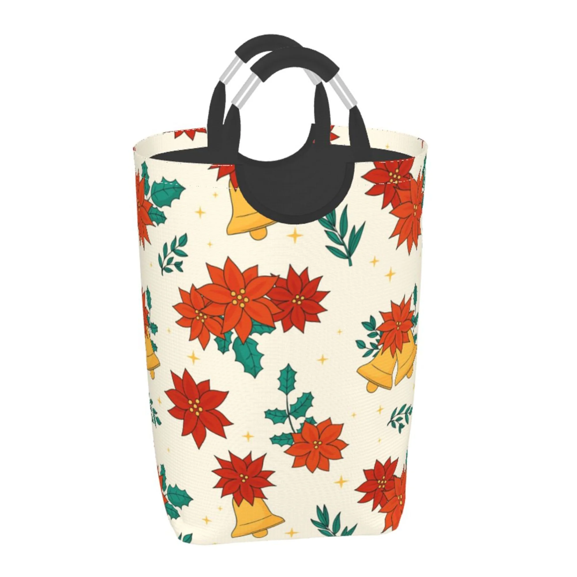 XMXY Christmas Flower Bells Leaves Rectangular Laundry Basket Organizer, Collapsible Tall Clothes Hampers for Laundry with Handles