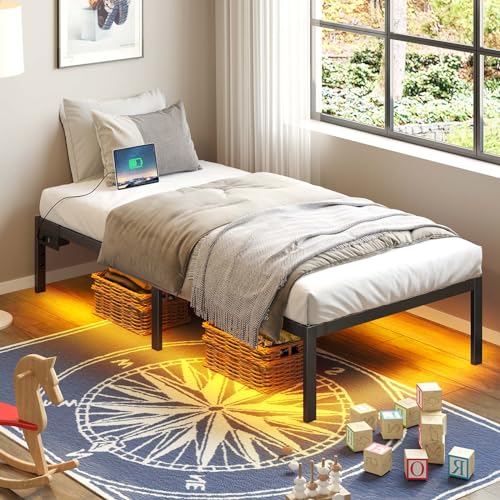 Rolanstar Bed Frame with USB Charging Station, Full Bed Frame with LED Lights, Platform Bed Frame with Heavy Duty Steel Slats, 14