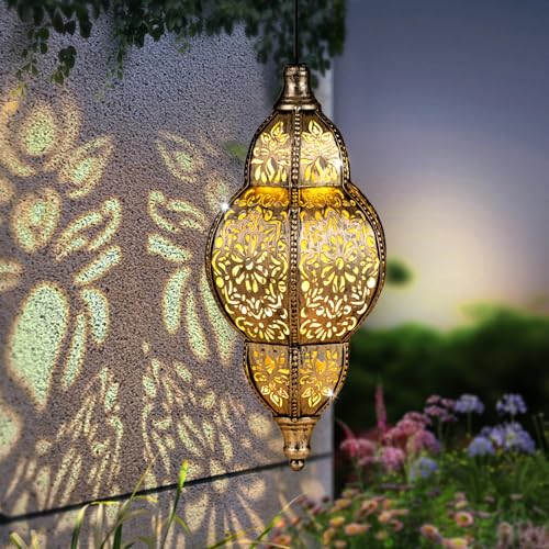 Hanging Solar Lantern Outdoor Decor, Moroccan Solar Lights for Outside Garden Decorations, Waterproof Matel LED Lanterns Garden Gifts for Mom, Women, Patio, Yard,Mothers Day