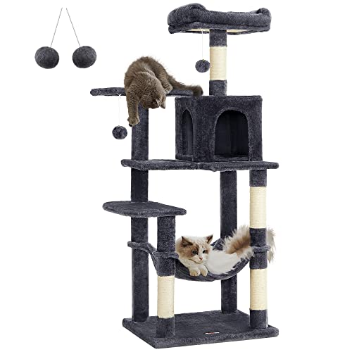 Feandrea Cat Tree, 61-Inch Cat Tower for Indoor Cats, Plush Multi-Level Cat Condo with 5 Scratching Posts, 2 Perches, 2 Caves, Hammock, 2 Pompoms, Light Gray UPCT192W01