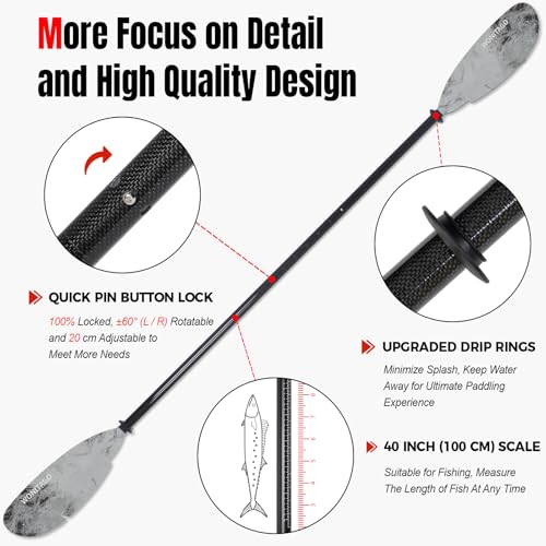 Angler Kayak Paddles Carbon Fiber Shaft and Plastic Blade, Floating Adjustable Fihsing Kayak Oars with Paddle Leash, 230-250cm/90-98 inch